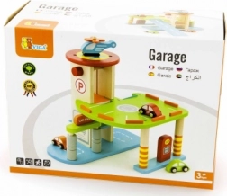 Houten garage met autootjes en helikopter