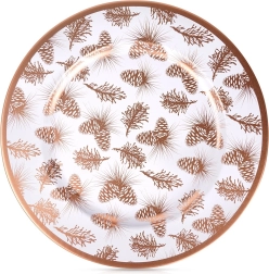 Decoratieve onderzetter onder bord 33 cm – wit met koperen dennenappelmoten
