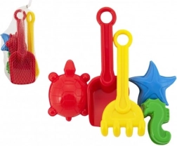 Plastic zandset met schep, harkje en vormpjes in netje