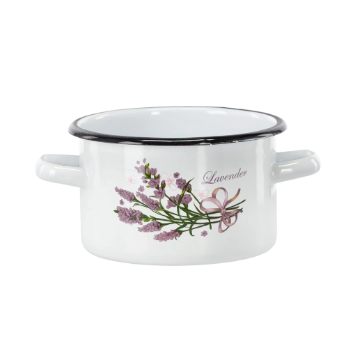 Geëmailleerde pan 2 l, 16 cm, wit met lavendelmotief - 1 stuk