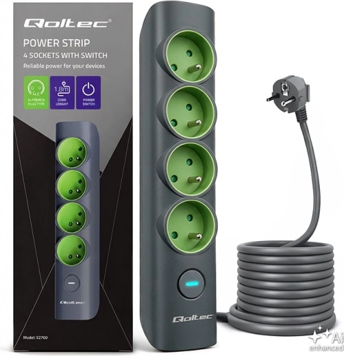 Qoltec-verlengsnoer met 4 geaarde stopcontacten en verlichte schakelaar, 1,8 m