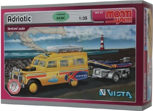 Bouwset Monti System MS 63 Adriatic Land Rover-aanhanger met boot/bootje 1:35 in doos 22x15x6cm