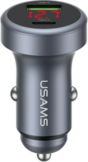 USAMS aluminium autolader 45 W USB-A + USB-C met LED