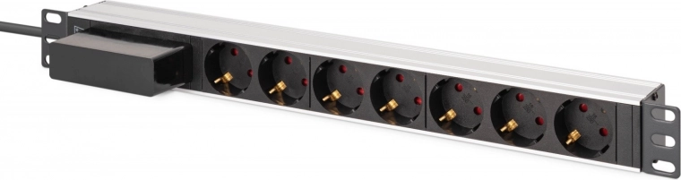 Racková PDU-lijst 19" met schakelaar en zekering C 16 A, 7x Schuko, 1,8 m kabel, aluminium