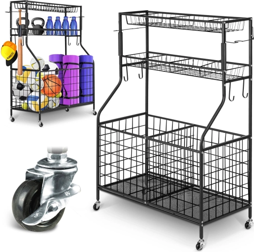 Humberg metalen verrijdbare stelling met manden en haken 123,5 × 41,5 × 91 cm