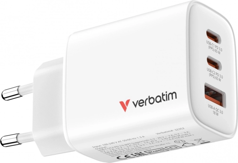 Verbatim Essentials GaN-oplader 65 W (2× USB-C PD 3.0 + 1× USB-A QC 3.0), EU, wit
