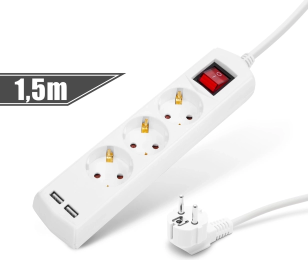 Verlengsnoer met 3 stopcontacten, 2 USB-poorten en schakelaar, 1,5 m