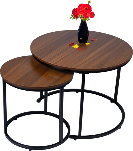 Moderne 2-in-1 set van ronde salontafels in loft/industriële stijl, walnoot