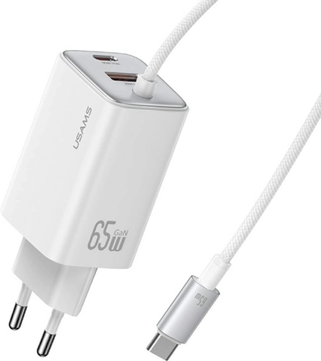Usams JC-serie 65W GaN-netlader met geïntegreerde USB-C-kabel (2× USB-C, 1× USB-A), wit
