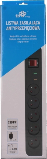 Energy overspanningsbeveiligde stekkerdoos met 5 stopcontacten en een kabel van 5 m