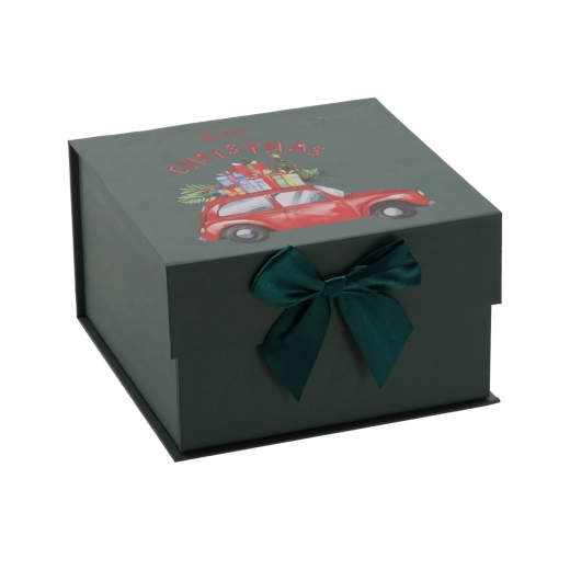 Kerstcadeaudoosje in de vorm van een auto met een groene strik