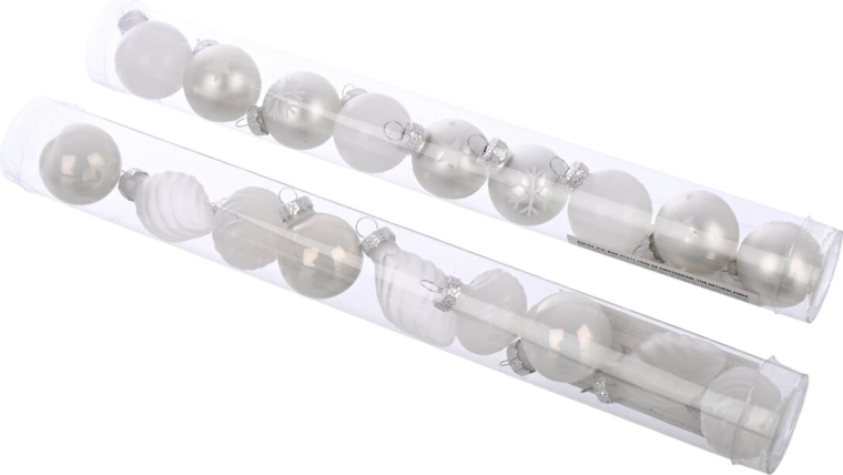 Glazen kerstballen in koker, wit, 9 stuks (2 varianten)