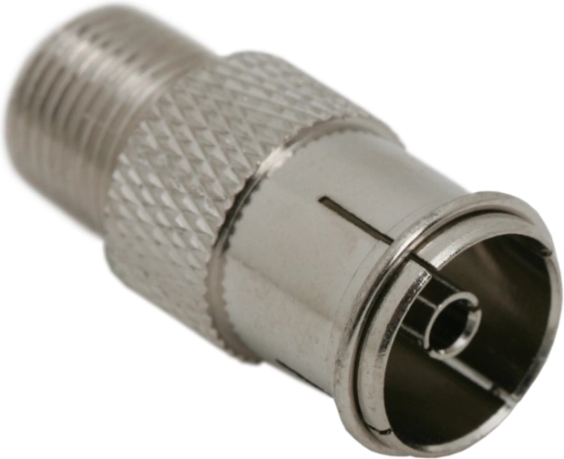 Metalen adapter van F-bus naar TV-coaxaansluiting