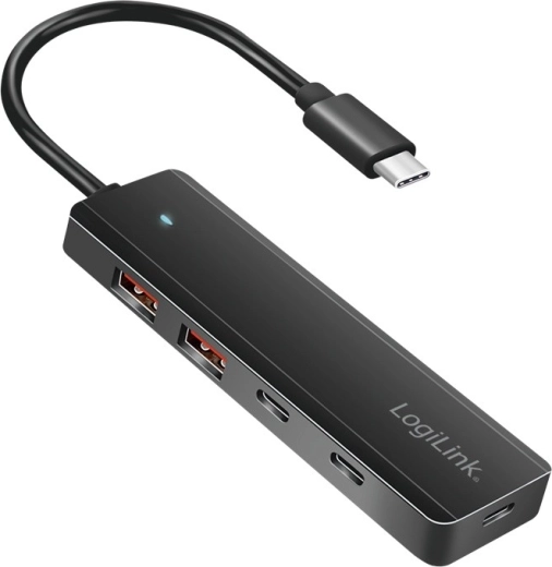 Ultradunne USB‑C-hub met 4 poorten (2× USB‑A, 2× USB‑C), zwart