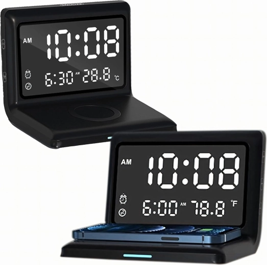 3-in-1 digitale wekker met draadloos opladen 15 W en thermometer, spiegeldisplay