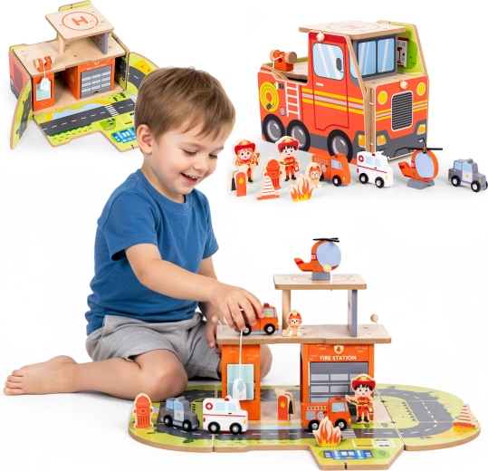 Houten brandweerkazerne 2-in-1 – opvouwbare garage en voertuig met 2 verdiepingen en accessoires ECOTOYS