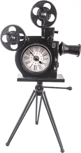 Staande metalen klok in de vorm van een camera
