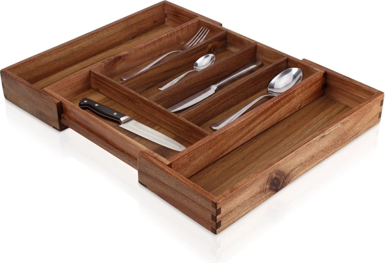 Uitschuifbare houten bestekbak voor lade van acaciahout 28–45 × 34 cm