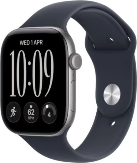 Apple Watch Series 12 GPS 46 mm van aluminium in sterrennachtzwart met donkerblauwe sportband M/L