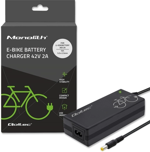 Qoltec-oplader voor 36 V-accu van elektrische fiets, 42 V, 2 A, 5,5 × 2,5 mm