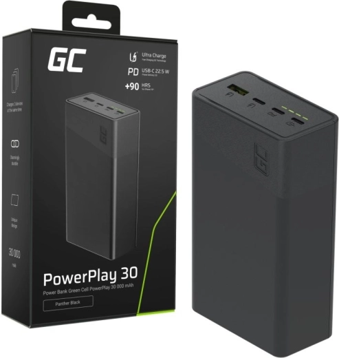 Powerbank 30000 mAh, 22,5 W, 4 poorten, zwart
