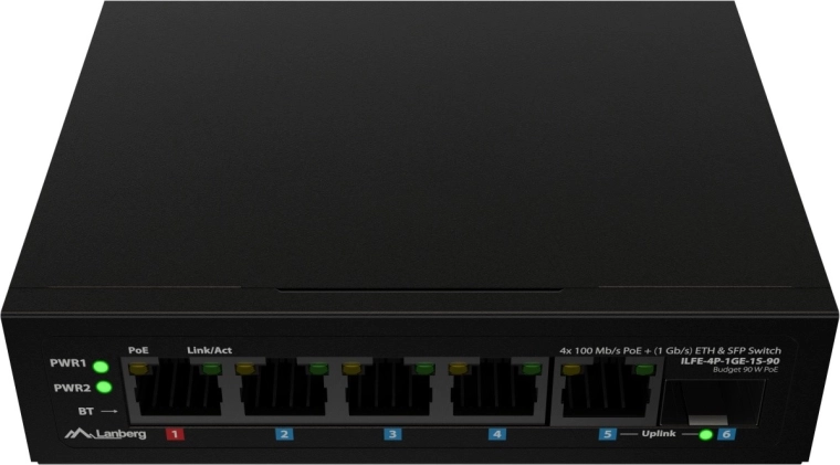 Lanberg lichte industriële PoE-switch voor DIN-rail 4× Fast Ethernet + 1× Gigabit uplink + 1× SFP (PoE++ 90 W)