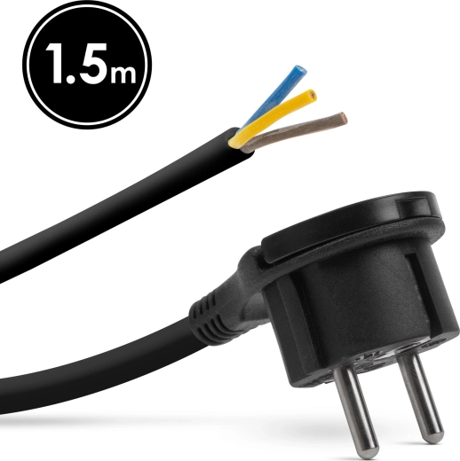 Montagevoedingskabel met geaard stopcontact en trekontlasting, 1,5 m, zwart