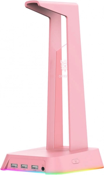 Koptelefoonstandaard ONIKUMA roze met RGB-verlichting en 3x USB 2.0