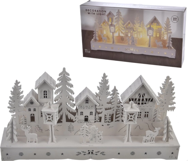 Houten huisje met LED-verlichting wit 30 cm