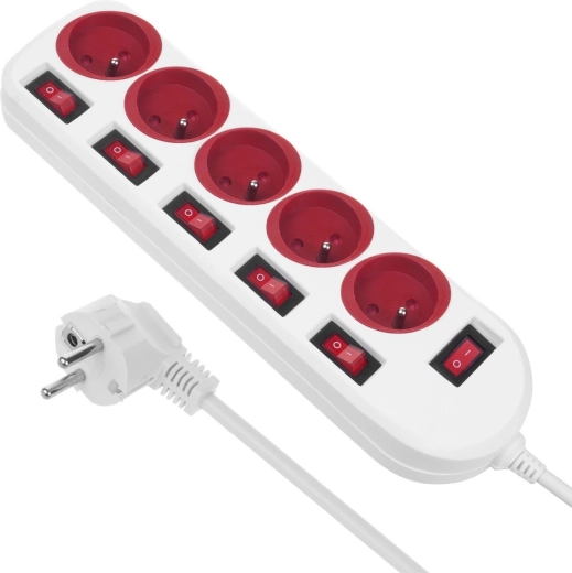 Stekkerdoos met 5 stopcontacten en afzonderlijke schakelaars Maclean MCE204 wit en rood