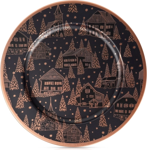 Decoratieve onderzetter/charger onder bord, zwart met koperen patroon, 33 cm