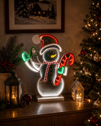 Kerst 3D-decoratie LED sneeuwpop met zuurstok met infinity-spiegeleffect - 1 stuk