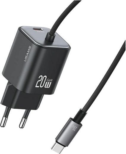 USAMS JC-serie GaN mini-netlader 20 W met ingebouwde USB‑C-kabel (2× USB‑C), zwart