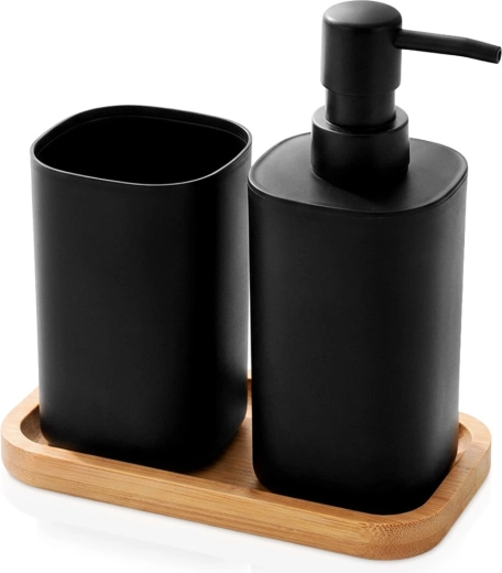 Badkamerset Bathroom Solutions met dispenser en beker 350 ml, zwart, 3-delig