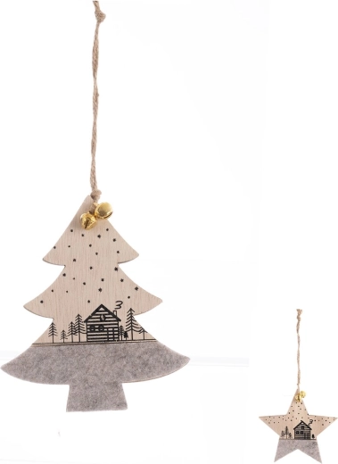 Hangende kerstdecoratie van hout en vilt beige 11 × 13 cm (2 varianten)