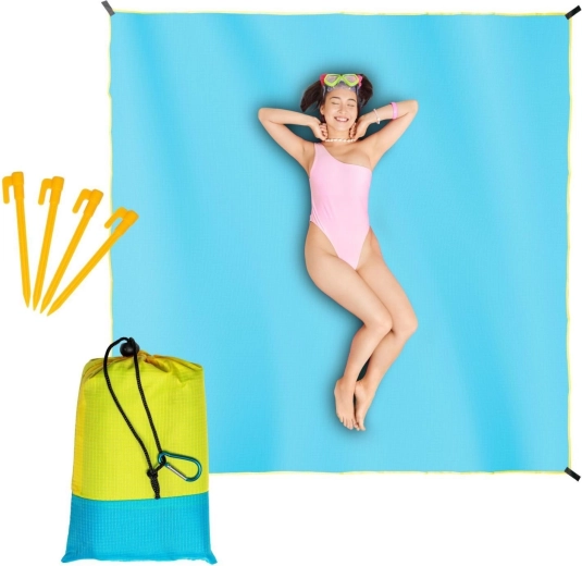 Waterdichte strandmat en picknickdeken 210 × 200 cm blauw met gele rand