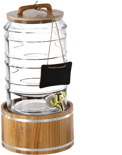Decoratieve glazen drankdispenser met kraantje 7,5 l op houten standaard
