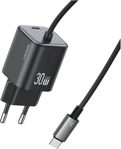 USAMS JC Series CC264 30W GaN netlader met ingebouwde USB‑C-kabel (zwart)