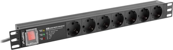 rack PDU-stekkerdoos 19" 1U 16 A met 7 SCHUKO-contactdozen en overspanningsbeveiliging, 2 m, zwart