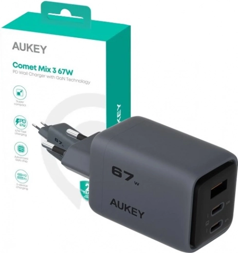 Aukey PA-C3 Comet Mix 3 GaN ultrasnelle netlader 67 W 3x USB (2x USB-C en 1x USB-A)