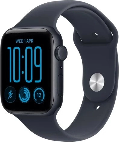 Apple Watch SE 3 GPS + Cellular 44 mm met aluminium kast in middernachtkleur en donkerblauwe sportband S/M