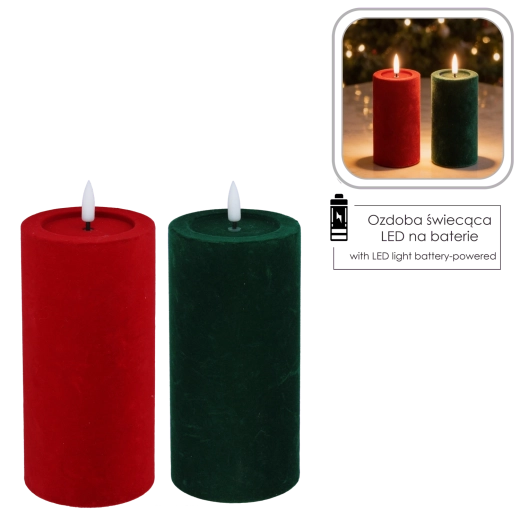 LED-kaars met flakkerende vlam, velours rood-groen 7,5 × 18,5 cm - 1 stuk