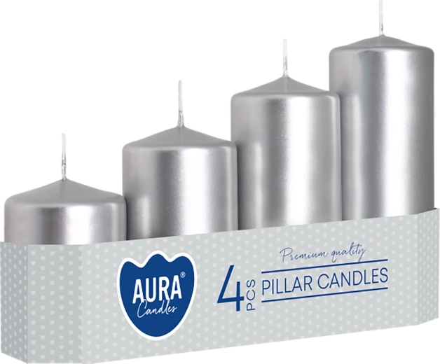 Zilverkleurige metallic adventskaarsen in verschillende hoogtes - 4 stuks