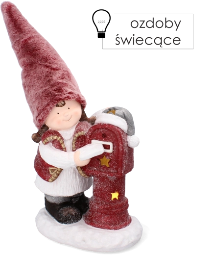Kerstfiguur van een meisje met een roze muts en brievenbus met LED-verlichting, 45,5 cm