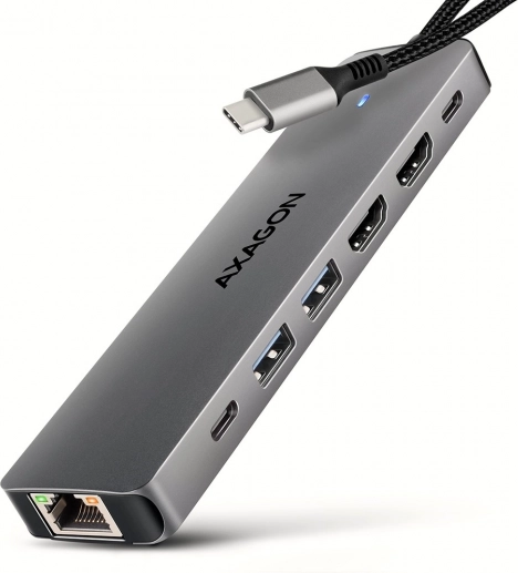 AXAGON HMC-7HX2 multi‑poorts USB‑C hub 7‑in‑1 met 2× HDMI 4K/60 Hz, 2× USB‑A, USB‑C, GLAN en PD 100 W