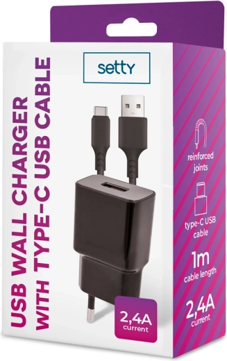 Setty netstroomlader 1× USB 2,4 A zwart + USB‑C kabel 1 m