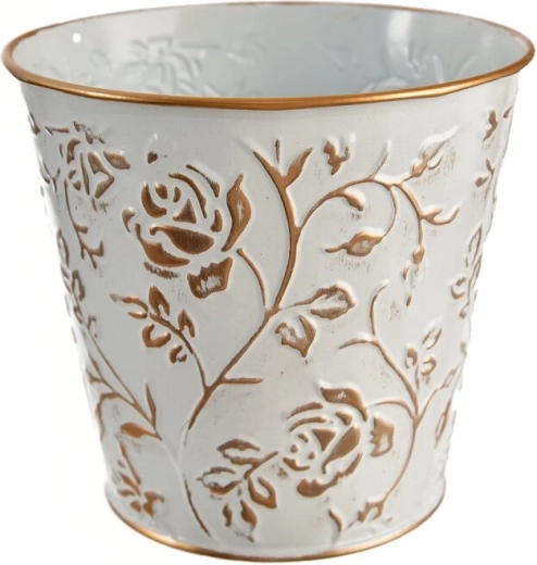 Blikken bloempot met rozenmotief wit/goud 12 × 12 × 13 cm