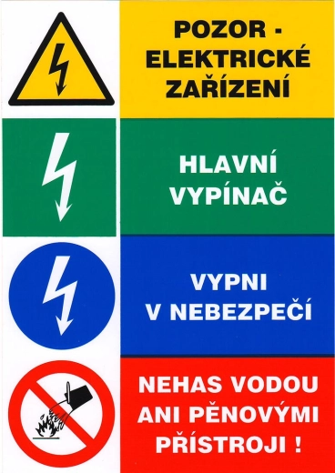 Veiligheidssticker – let op elektrisch apparaat, hoofdschakelaar, uitschakelen bij gevaar, niet blussen met water of schuim 148 × 210 mm