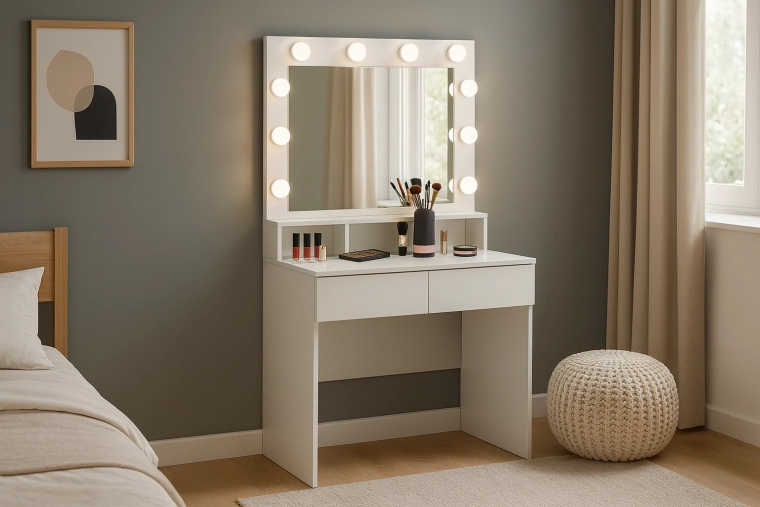 Witte make-up kaptafel met LED-spiegel en vakken