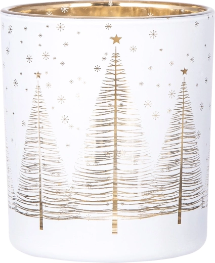 Glazen waxinelichthouder wit met gouden binnenkant met motief van kerstboompjes 9 × 10 cm